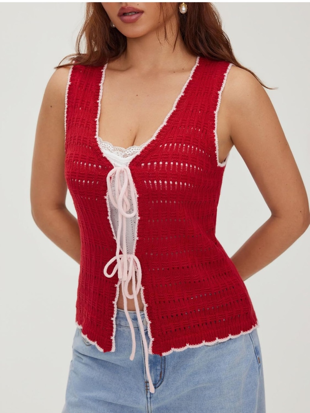 CIDER Womens Crochet Knit Vest Sleeveless Sweater Color Block Trim Tops Summer